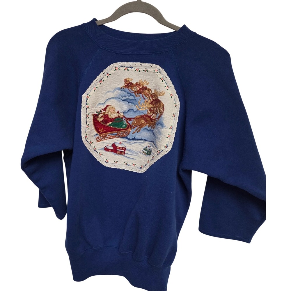 90s ULTRA SWEATS Vintage‎ Blue Christmas Santa Reindeer Sweatshirt Size L